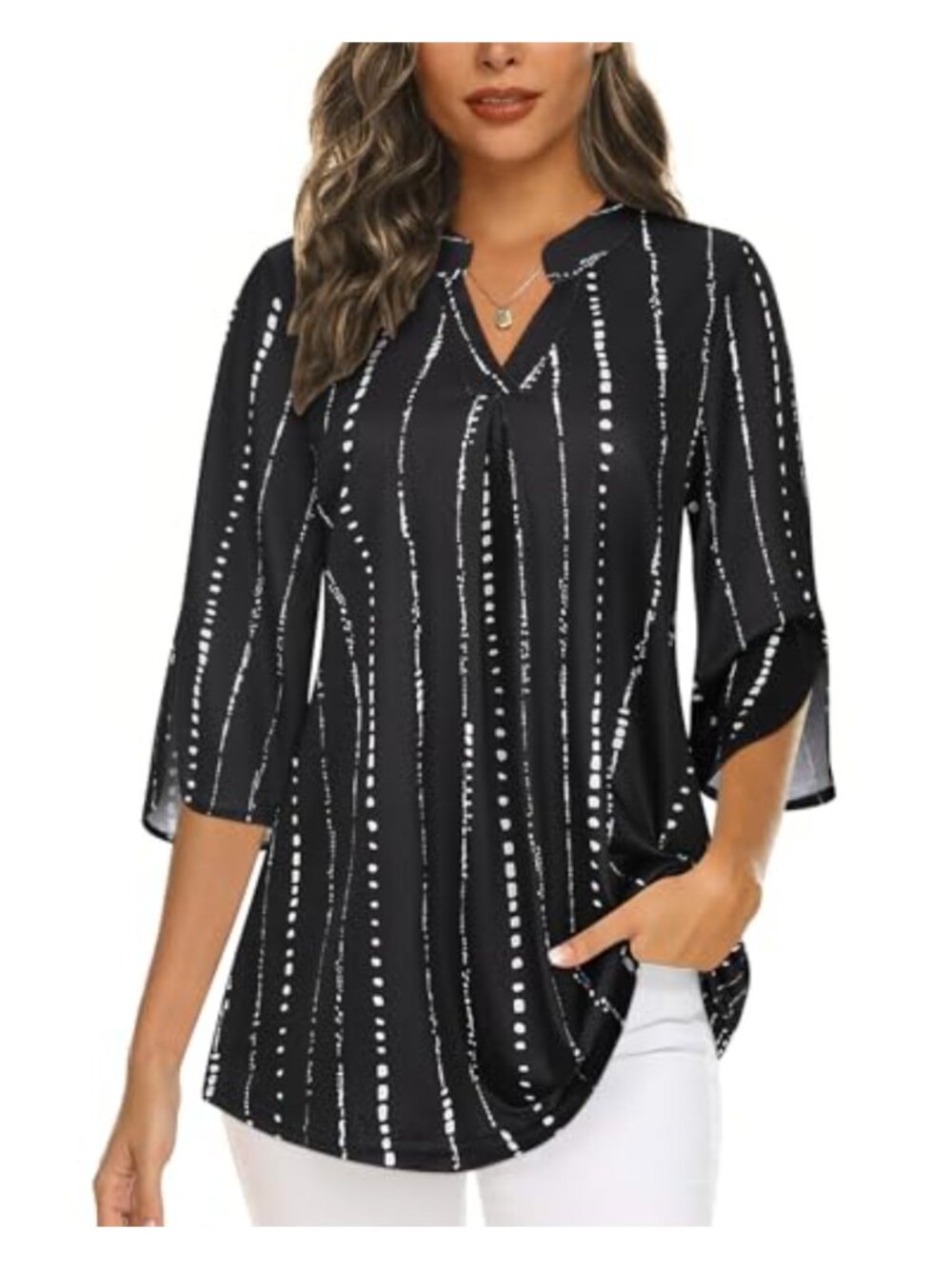 Womens 3/4 Sleeve V Neck Floral Tunic Blouse Stretchy Polyester Top